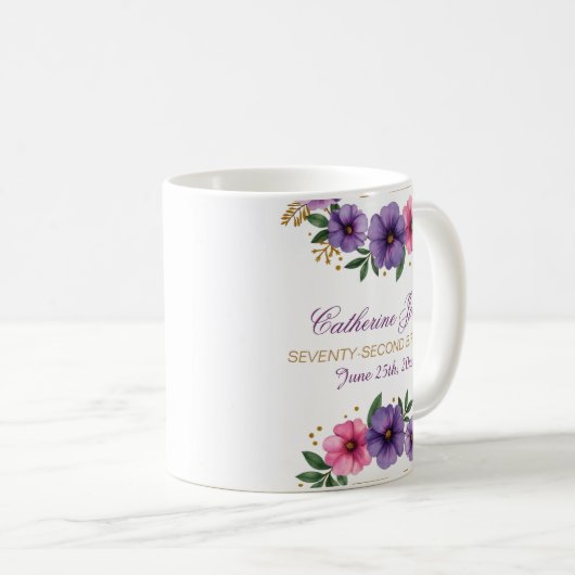 72e Verjaardag Mok – Bloemenkrans met gouden numme (Voorkant rechts)