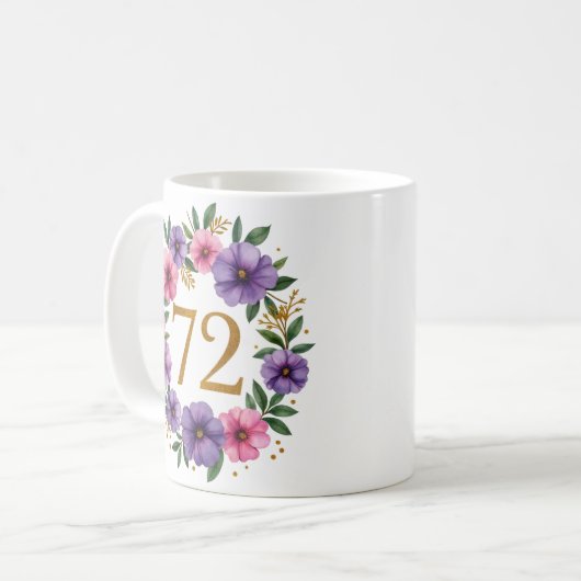 72e Verjaardag Mok – Bloemenkrans met gouden numme (Voorkant links)