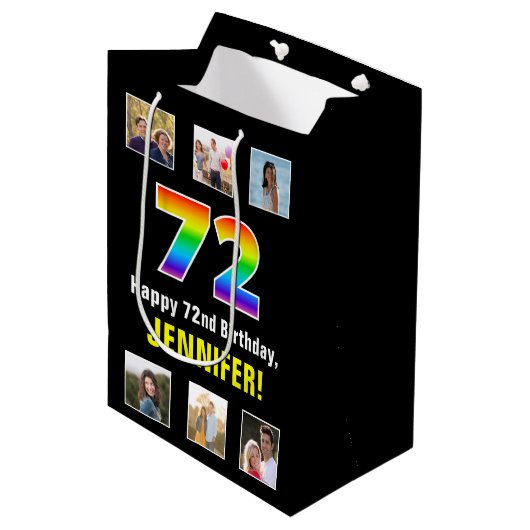 72e verjaardag: Regenboog "72", aangepaste foto's Medium Cadeauzakje (Voorkant Gekanteld)