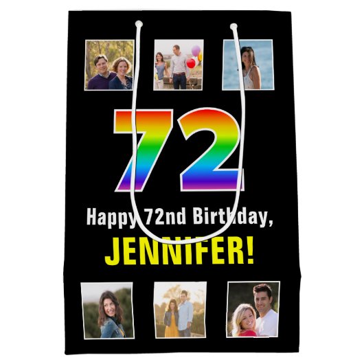 72e verjaardag: Regenboog "72", aangepaste foto's Medium Cadeauzakje (Achterkant)