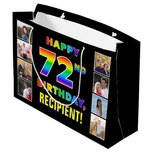 72e verjaardag: regenboogtekst, aangepaste foto's groot cadeauzakje (Achterkant Gekanteld)