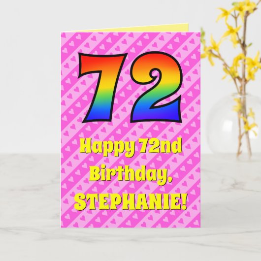 72e verjaardag: roze strepen & harten, regenboog # kaart (Gele Bloem)