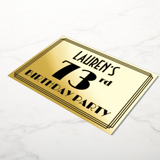73e verjaardag — Art Deco look "73" + Naam Folie Uitnodiging (Gedraaid)