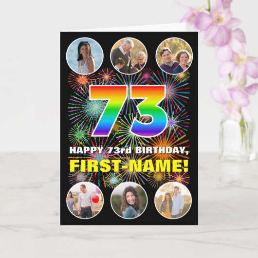 73e verjaardag: Fun Rainbow #, aangepaste naam & f Kaart (Orchidee)