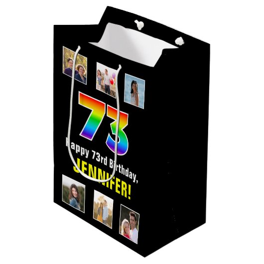 73e verjaardag: Regenboog "73", aangepaste foto's Medium Cadeauzakje (Voorkant Gekanteld)