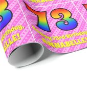 73e verjaardag: roze strips & harten, regenboognr. cadeaupapier (Rol Hoek)