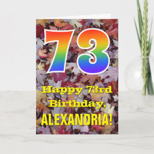 73e verjaardag; rustieke herfstbladeren; regenboog kaart