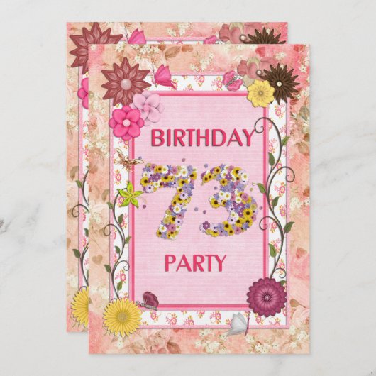 73e verjaardagsfeestje met bloemenfeest lijst kaart (Voorkant / Achterkant)