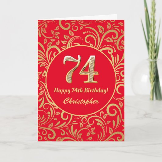 74e Birthday Red en Gold Floral Pattern Kaart (Voorkant)