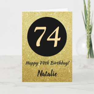 74e Happy Birthday Zwart en Goud Glitter Kaart