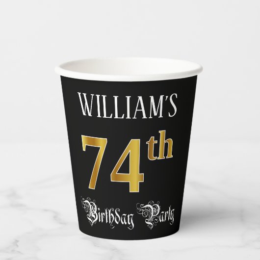 74e verjaardag — Fancy script, Faux Gold look Papieren Bekers (Voorkant)