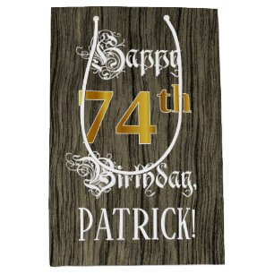 74e verjaardag: Faux Gold look & Faux Wood Pattern Medium Cadeauzakje
