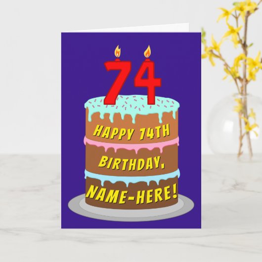 74e verjaardag: Fun Cake and Candles + Custom Name Kaart (Gele Bloem)