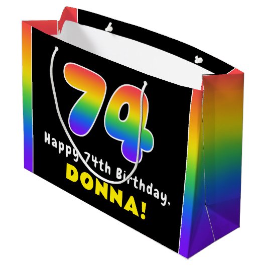 74e verjaardag: kleurrijke regenboog # 74, aangepa groot cadeauzakje (Achterkant Gekanteld)