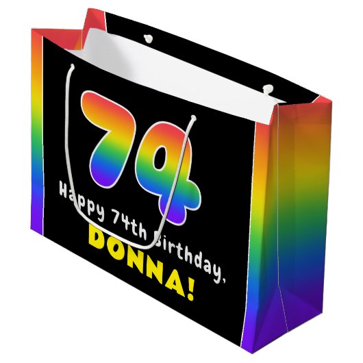 74e verjaardag: kleurrijke regenboog # 74, aangepa groot cadeauzakje (Voorkant Gekanteld)