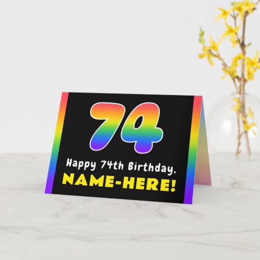 74e verjaardag: kleurrijke regenboog # 74, aangepa kaart (Gele Bloem)