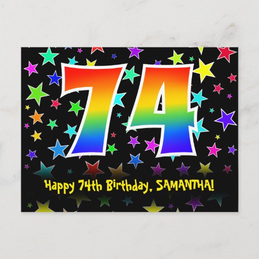 74e verjaardag: leuk sterrenpatroon, regenboog 74, briefkaart (Voorkant)