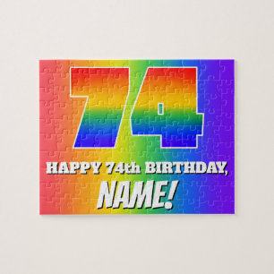 74e verjaardag — Meerkleurig regenboogpatroon "74" Legpuzzel