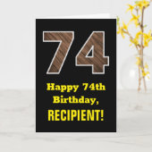 74e verjaardag: Naam, Faux Wood Grain Patroon "74" Kaart (Gele Bloem)