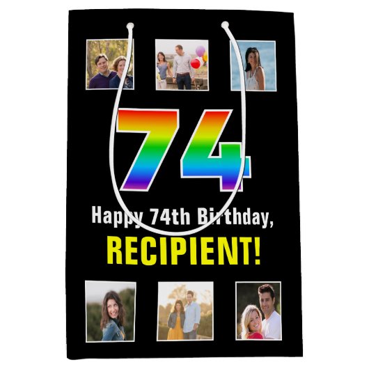 74e verjaardag: Regenboog "74", aangepaste foto's  Medium Cadeauzakje (Voorkant)