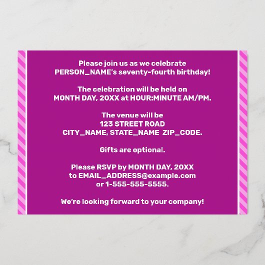 74e verjaardag — Vet, vuurtje, roze band # 74 Folie Uitnodiging (Achterkant)