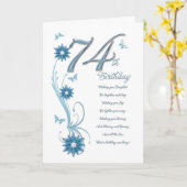74ste verjaardag in het blauwgroen met bloemen en kaart (Gele Bloem)