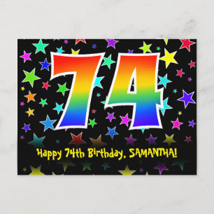 74ste verjaardag: leuk sterrenpatroon, regenboog 7 briefkaart
