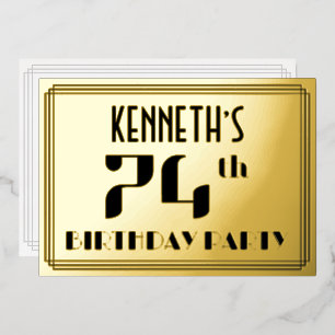 74ste verjaardagsfeest: Art Deco-look “74” en naam Folie Uitnodiging