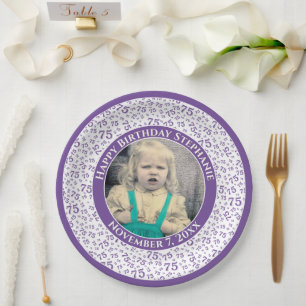 75 Uw foto Willekeurige nummerpatroon Paarse/wit Papieren Bordje