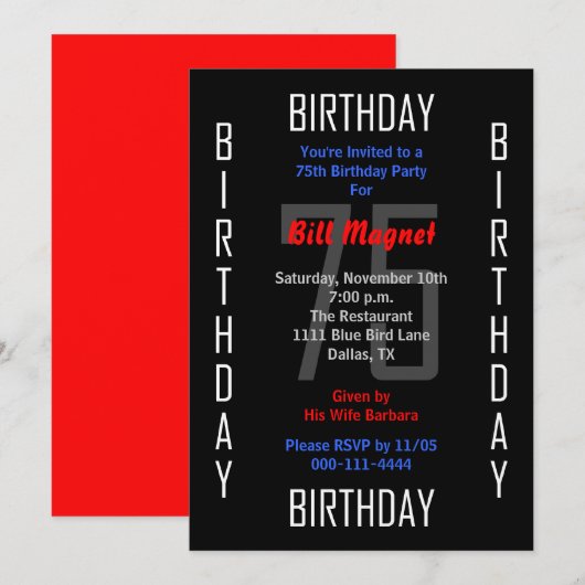 75e anniversaire Invitation de fête 75 (Devant / Derrière)