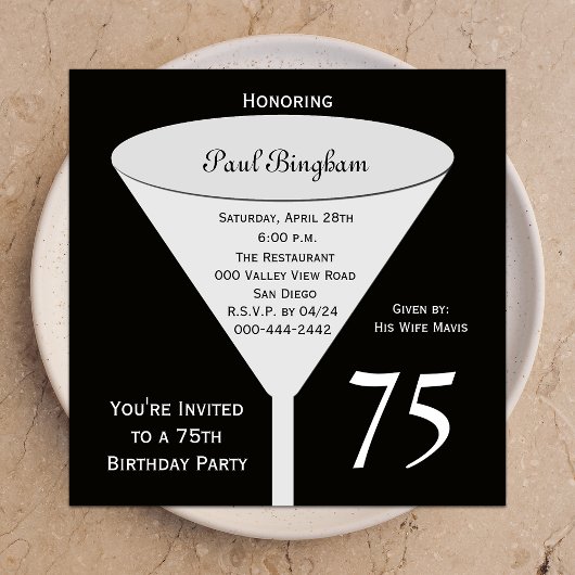 75e anniversaire Invitation de fête 75 en noir