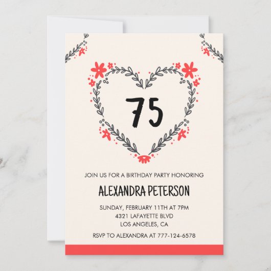 75e anniversaire invitations pour son coeur floral (Devant)