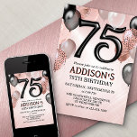 75e anniversaire Rose Gold Ballons Invitation<br><div class="desc">Une fête, une fête entière, et rien d'autre qu'une fête. C'est ce qu'il y a dans cette conception d'anniversaire. Avec ses numéros audacieux et sa typographie élégante entourée de ballons, ce design est aussi chic, tendance et flirtant qu'elle l'est. L'or rose et les couleurs noires confèrent à l'ensemble un aspect...</div>