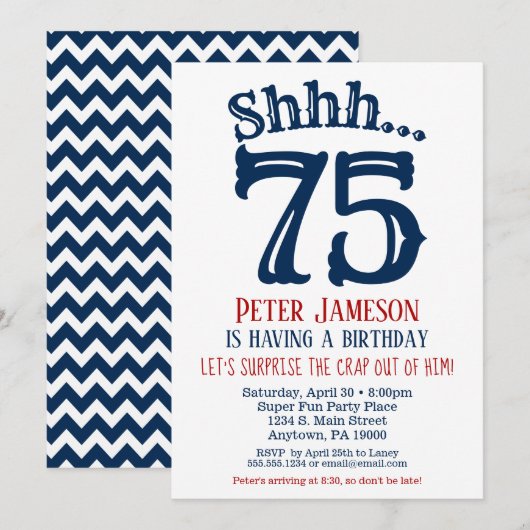 75e anniversaire surprise Invitation Homme Marine  (Devant / Derrière)