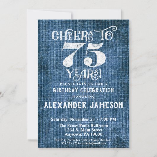 75e Birthday Invitation Blue Linen Rustic Cheers Kaart (Voorkant)