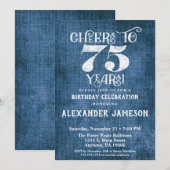 75e Birthday Invitation Blue Linen Rustic Cheers Kaart (Voorkant / Achterkant)