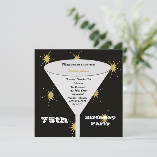 75e BIrthday Party uitnodiging goud 75e toast (Staand voorkant)