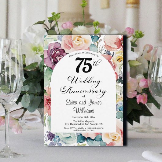 75e bruiloft Jubileum Elegant Script Floral Kaart