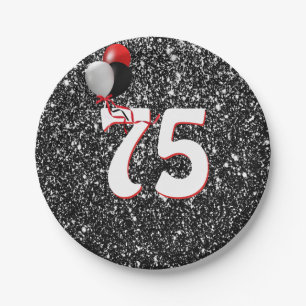 75e geboortedag ballonnen op zwarte glitter papieren bordje