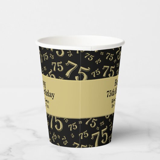 75e Happy Birthday Black/Gold-nummerpatroon Papieren Bekers (Rechts)