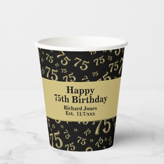75e Happy Birthday Black/Gold-nummerpatroon Papieren Bekers (Voorkant)
