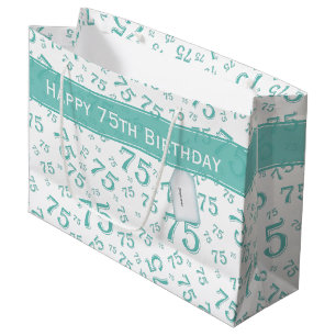 75e Happy Birthday Blauwgroen/White Number Pattern Groot Cadeauzakje