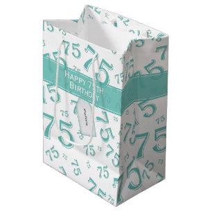75e Happy Birthday Blauwgroen/White Number Pattern Medium Cadeauzakje