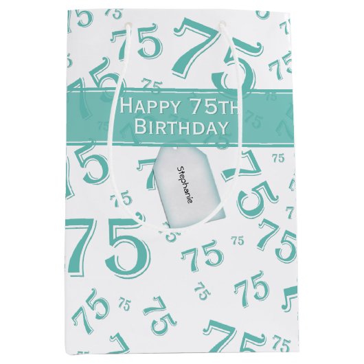 75e Happy Birthday Blauwgroen/White Number Pattern Medium Cadeauzakje (Voorkant)