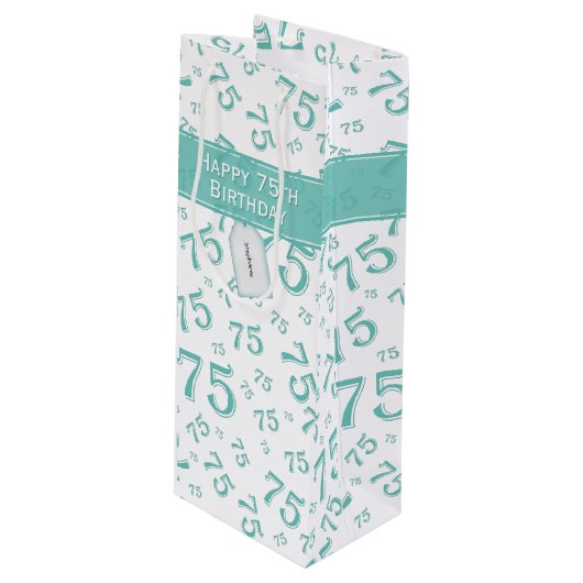 75e Happy Birthday Blauwgroen/White Number Pattern Wijn Cadeautas (Voorkant Gekanteld)