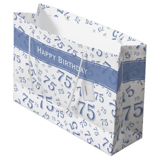 75e Happy Birthday Blue/White Number Pattern Groot Cadeauzakje (Voorkant Gekanteld)