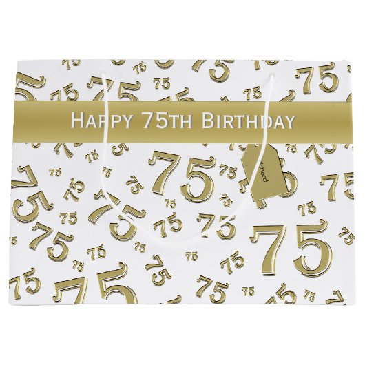 75e Happy Birthday Gold/White Number Pattern Groot Cadeauzakje (Voorkant)