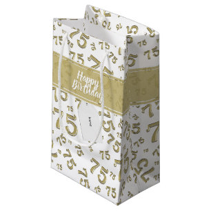 75e Happy Birthday Gold/White Number Pattern Klein Cadeauzakje