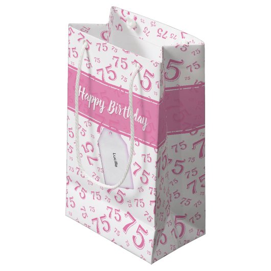 75e Happy Birthday Pink/White Number Pattern Klein Cadeauzakje (Voorkant Gekanteld)