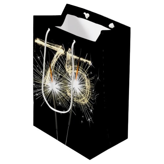 75e jaarsparklers op zwart medium cadeauzakje (Voorkant Gekanteld)